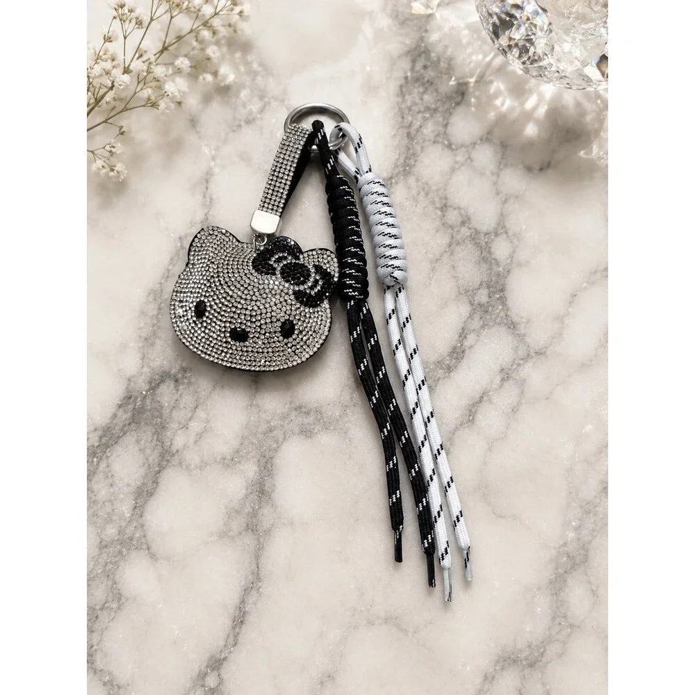 Hello Kitty Style Black Keychain | Black & White Rope Keychain | Purse Charm